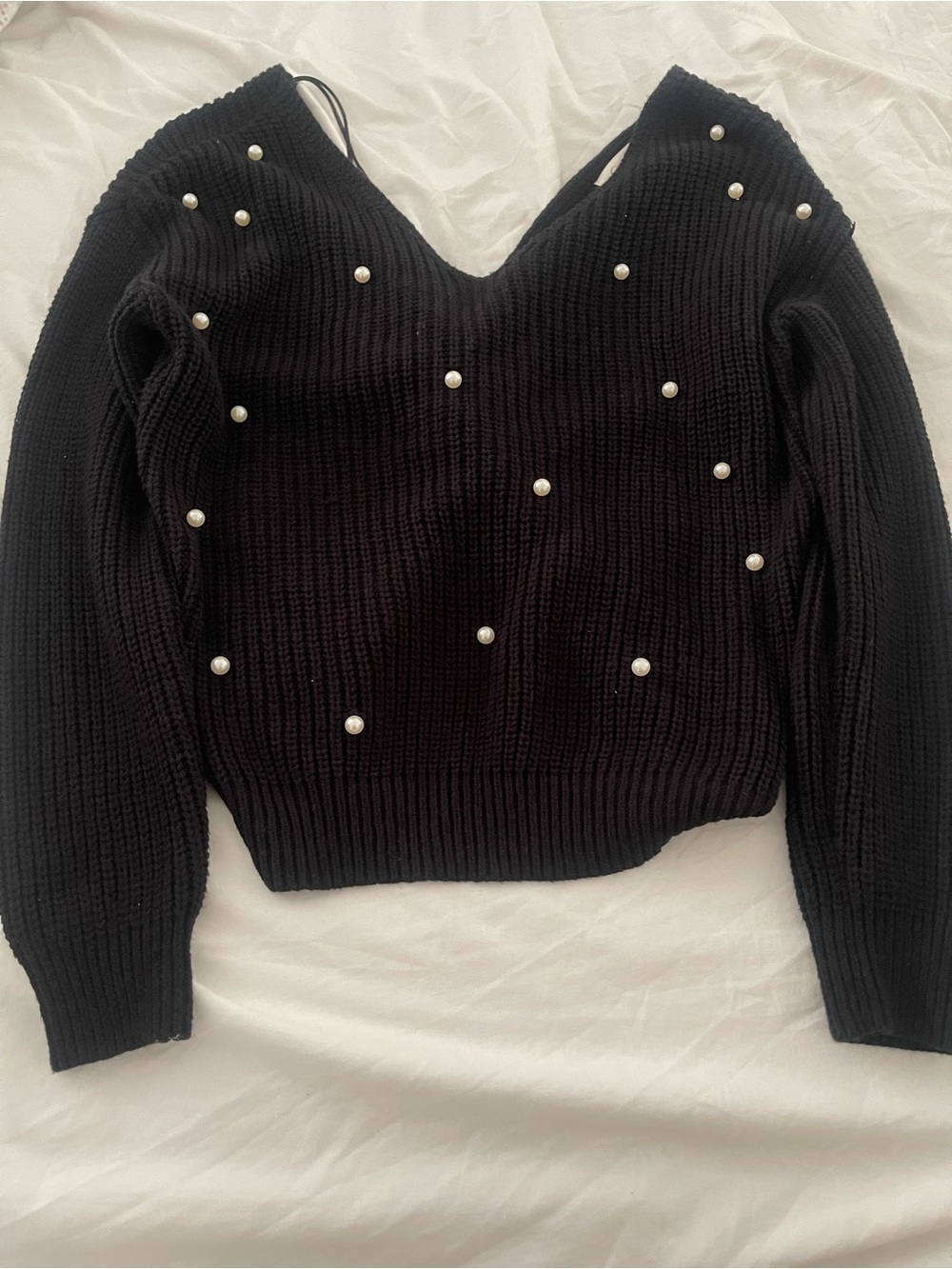 Jessica Simpson Black V-Neck Pearl Accent Knit Sweater